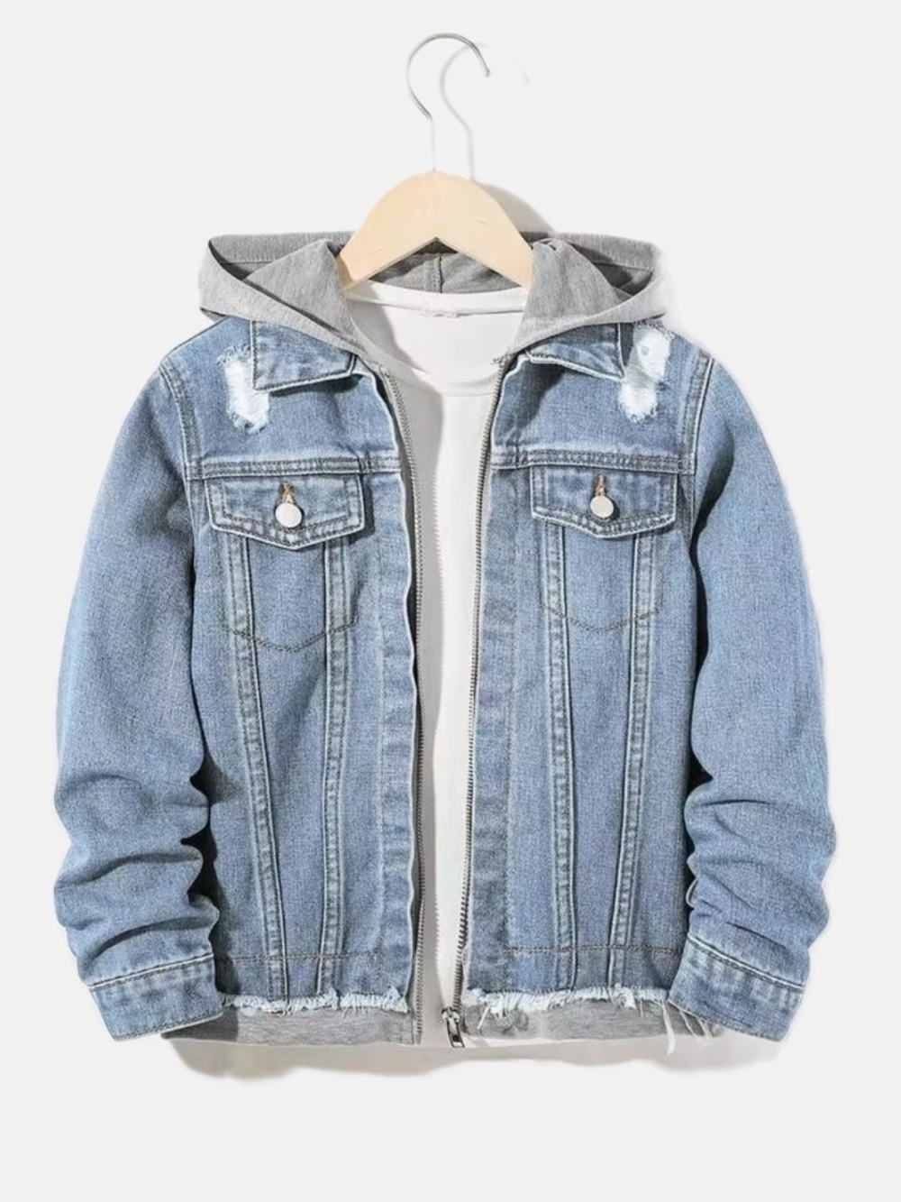 SHEIN Boys Light Wash Distressed Hooded Layered Look Denim Jacket 7Y